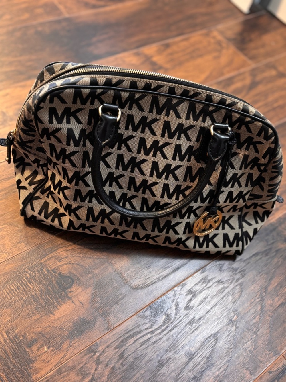 Michael Kors Black and Beige MK Logo Satchel